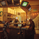The feline protagonist sits at a bar, surrounded by robotic humanoids.